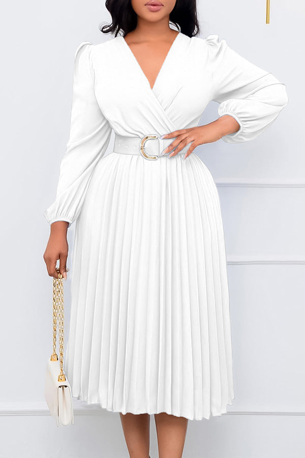 Chic Lantern Sleeve Pleated Wrap Dress