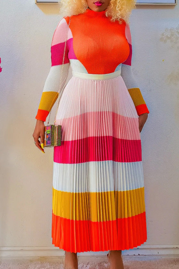 Mock Neck Colorblock Top & Pleated Skirt Set