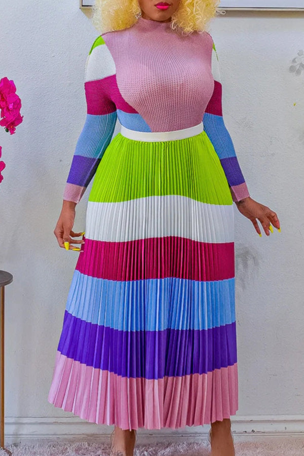 Mock Neck Colorblock Top & Pleated Skirt Set