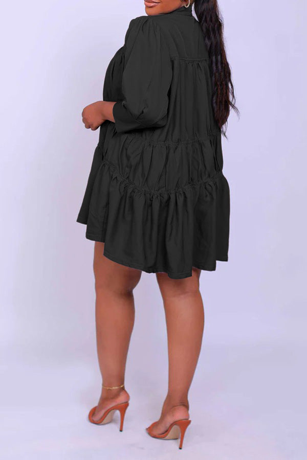 Casual Stand Collar Ruffle Hem Dress