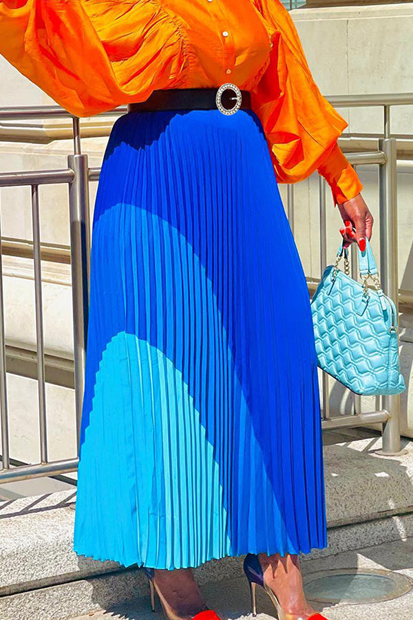 Color Block Pleated Maxi Dress With Belt