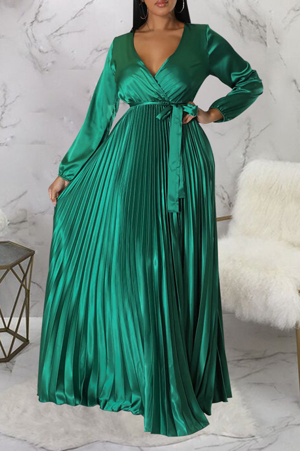 Elegant V-Neck Pleated Maxi Dress