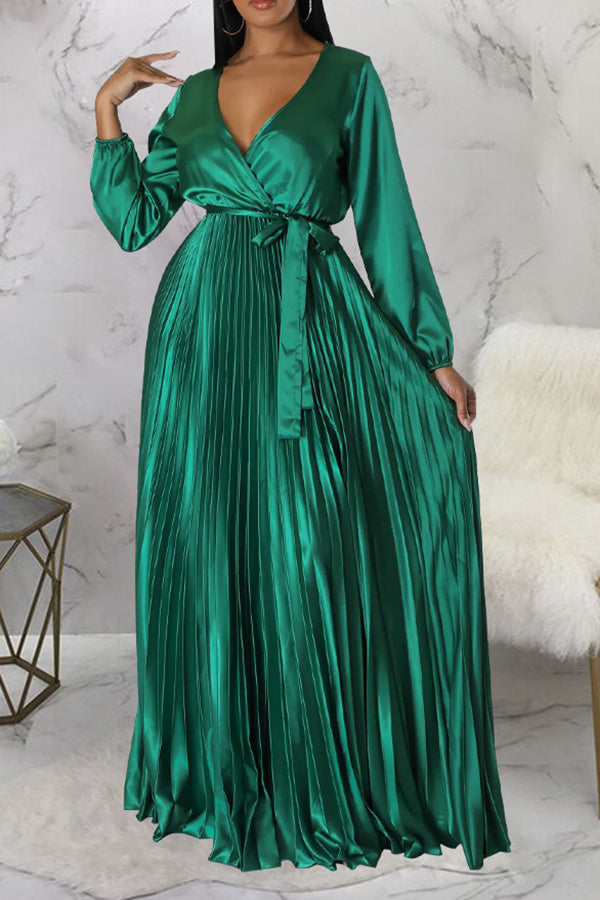 Elegant V-Neck Pleated Maxi Dress