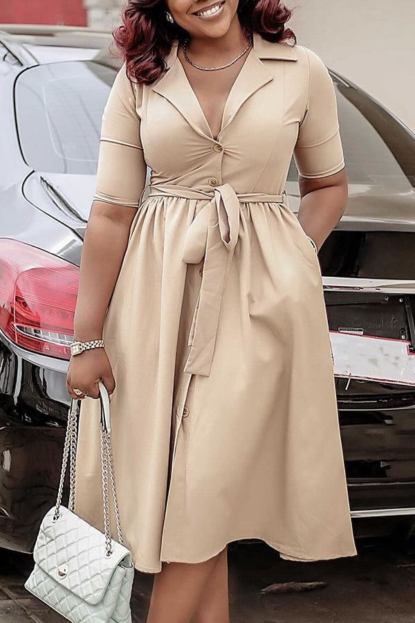 Elegant V-Neck Belted Midi Dress