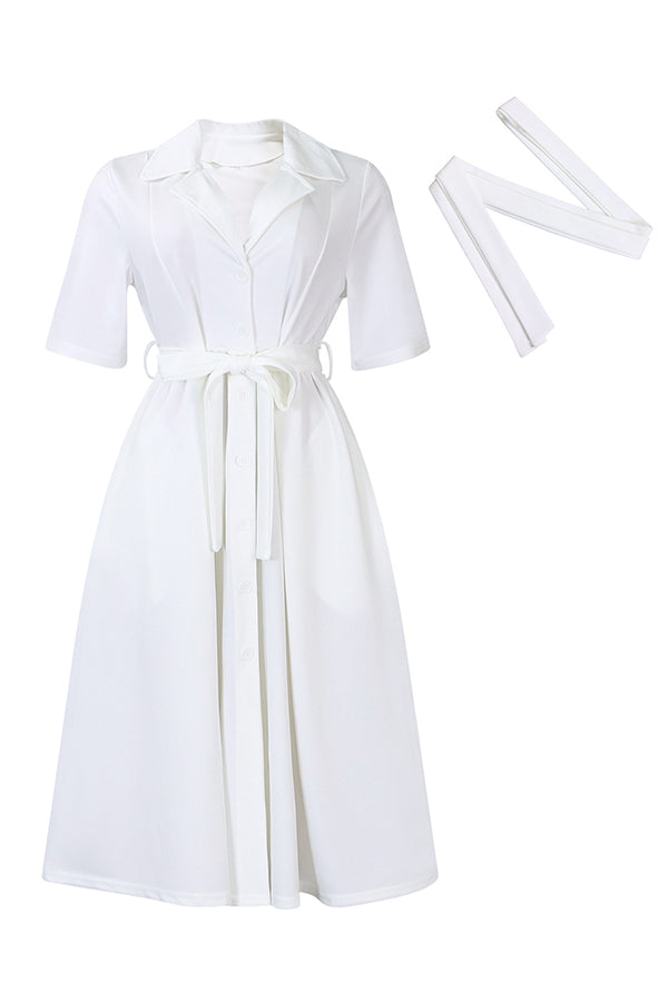 Stylish Lapel Button Down Belted Dress