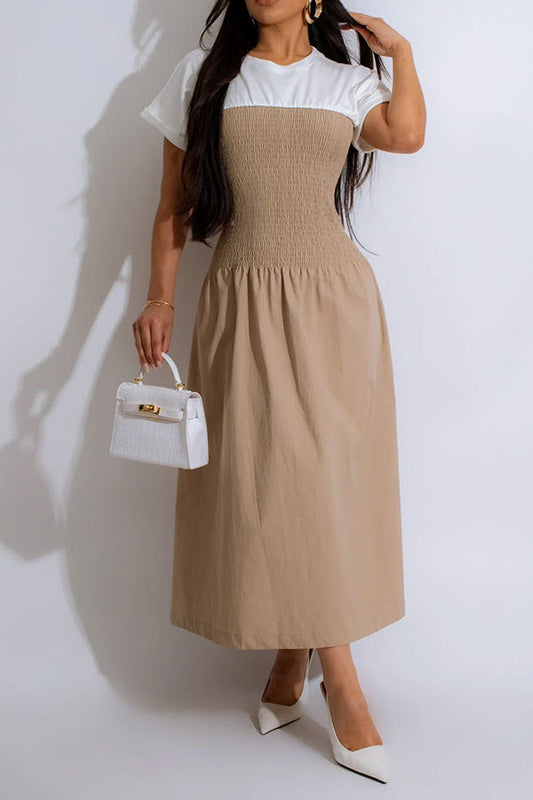 Two Tone Short Sleeve Shirred Dress