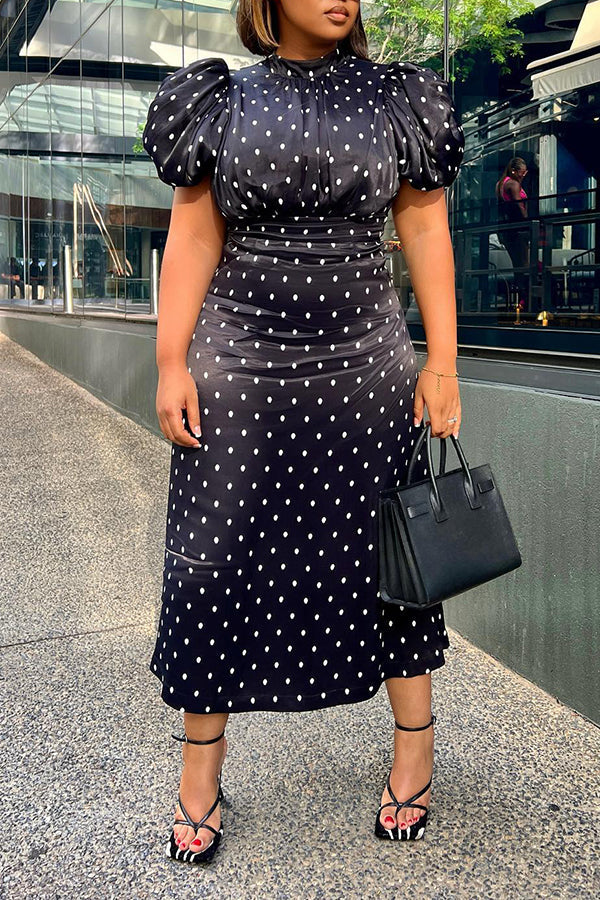 Bubble Sleeve Polka Dot Midi Dress