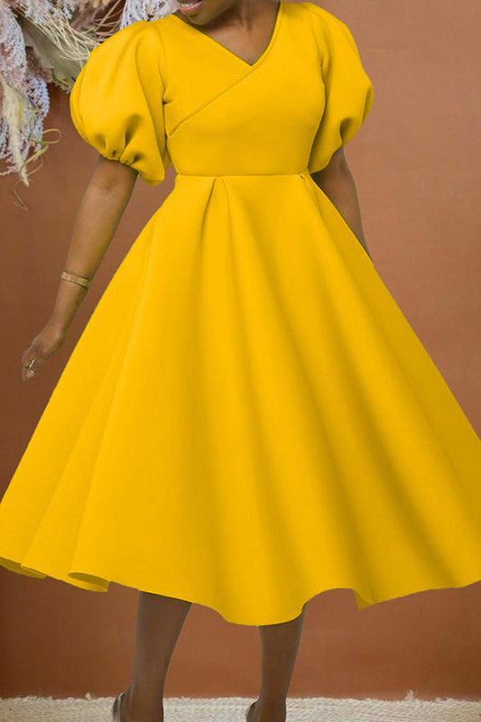 V Neck Puff Sleeve Zip Back Midi Swing Dress