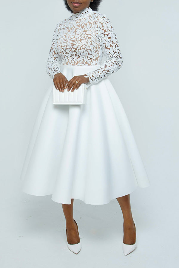 Elegant Lace Paneled A-line Swing Dress