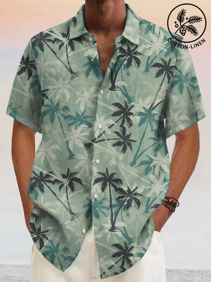 Hawaiian Coconut Tree Graphic Cotton Linen Shirt