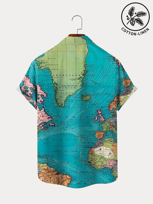 Stylish Map Pattern Cotton Linen Shirt