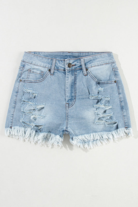 DISTRESS RAW HEM DENIM SHORTS