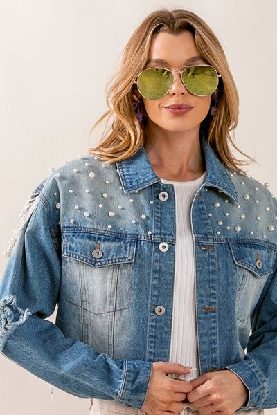 PEARL DISTRESSED CROPPED DENIM JACKET