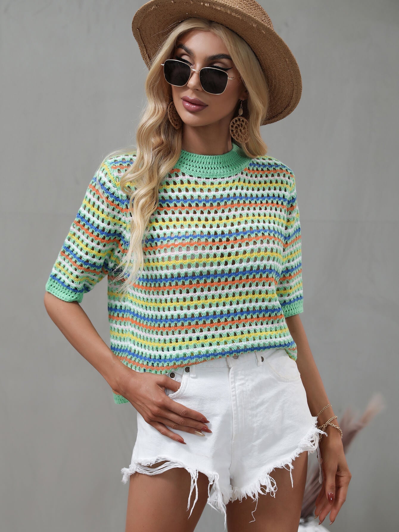 SAYLOR STRIPPED HALF SLEEVE KNIT TOP