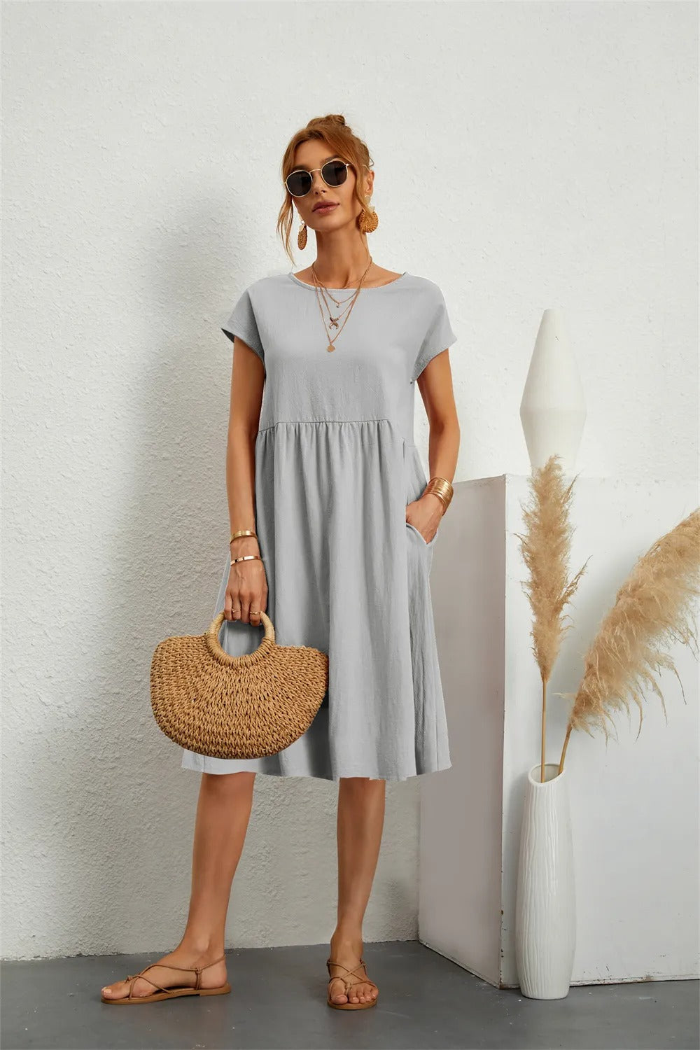 Moda - O-Neck Casual Loose Fit Dress