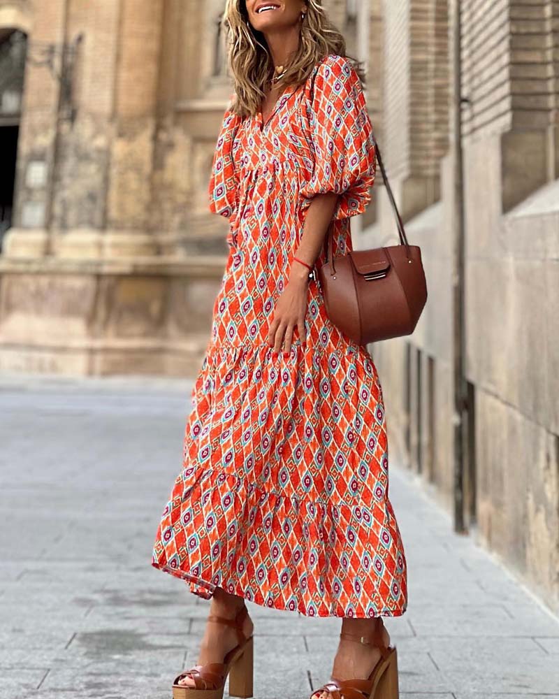 Geometric print puff sleeve dress