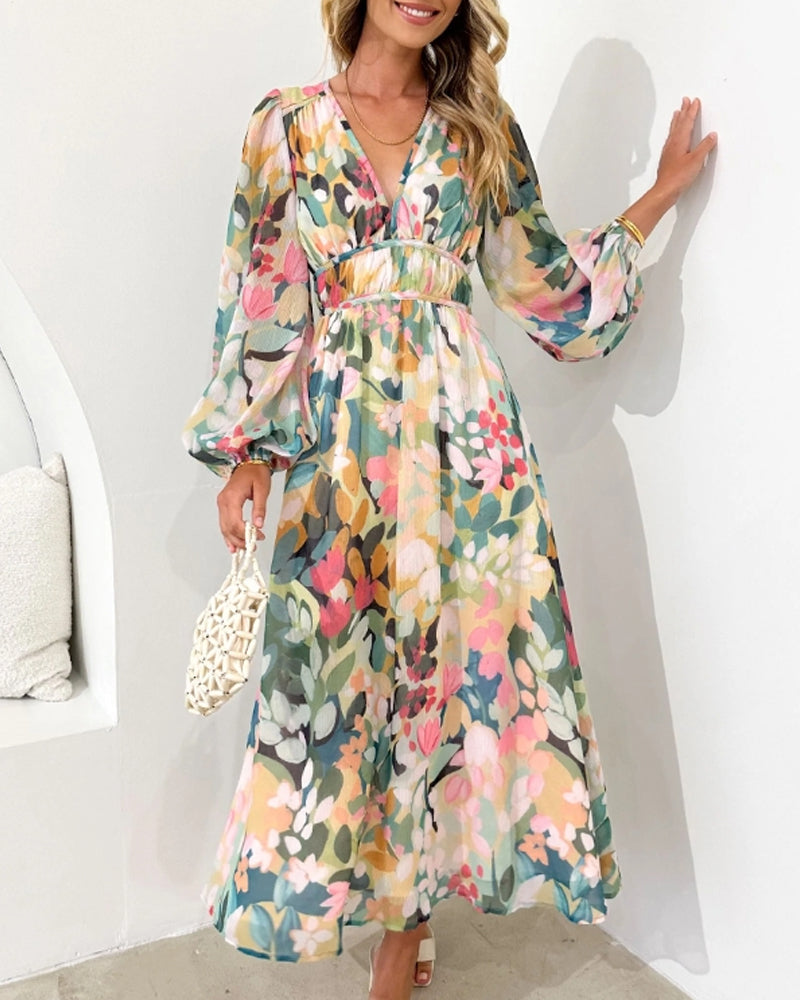 Floral print V-neck elegant dress