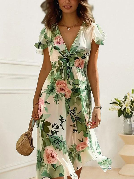 Women's Elegant Floral Regular Fit Dress with Ruffle Sleeves