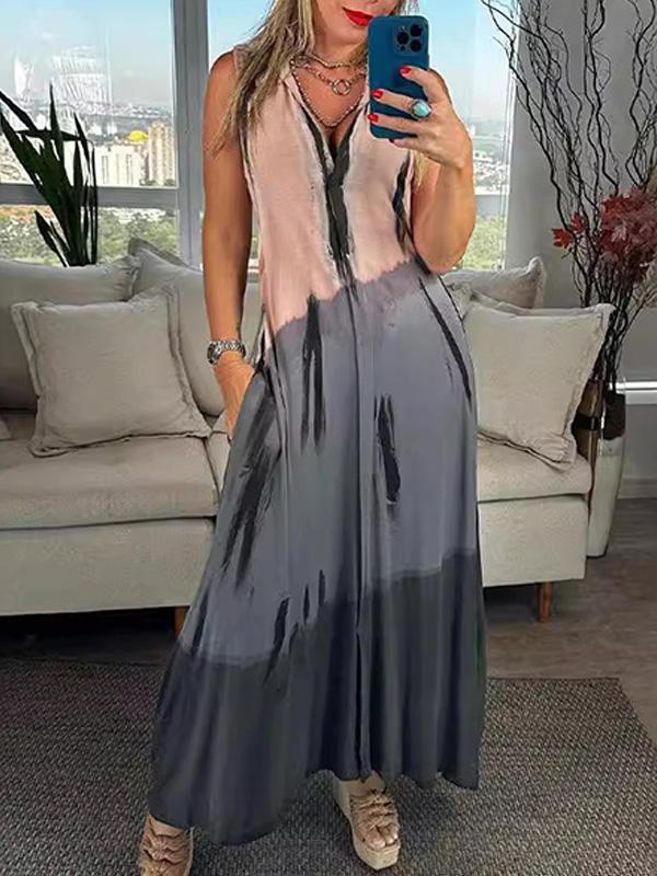 Fashion V-neck Tie-dye Print Maxi Dress