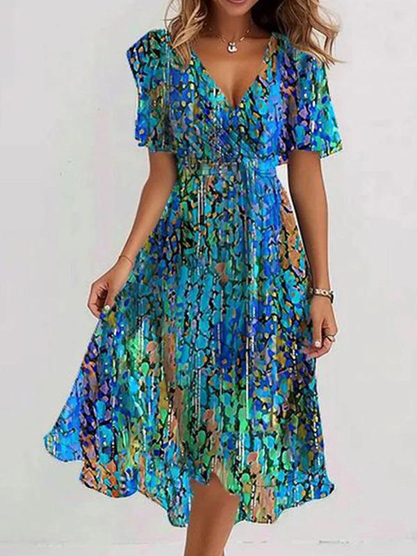 V-neck Chiffon Printed Midi Dress