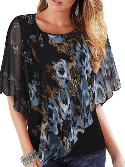 Lightweight Double Chiffon Printed Cape Shirt