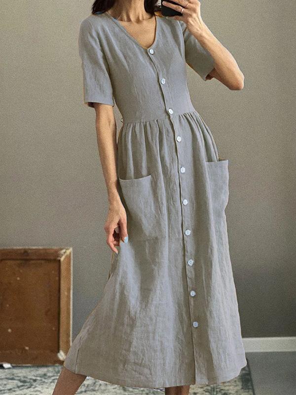 Cotton and Linen Solid Color Short Sleeve Midi Dress