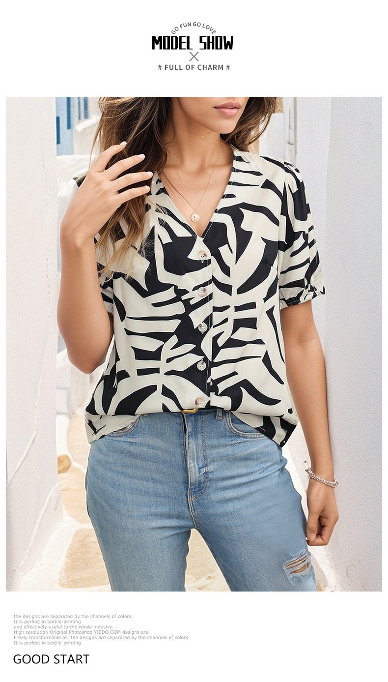 Pullover V-neck Printed Short-sleeved Shirt 85278891