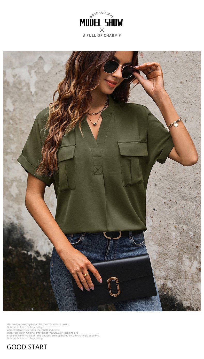 Solid Color V-neck Pocket Short-sleeved Shirt 22982116