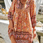 Bohemian Print Long-sleeved V-neck Tie Dress