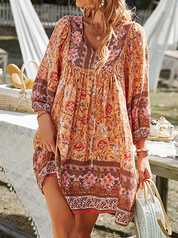 Bohemian Print Long-sleeved V-neck Tie Dress