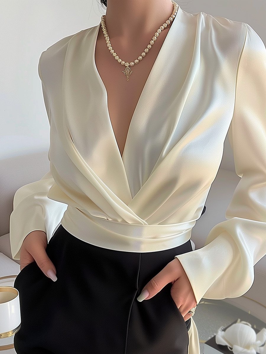 Plain V Neck Regular Fit Elegant Blouse