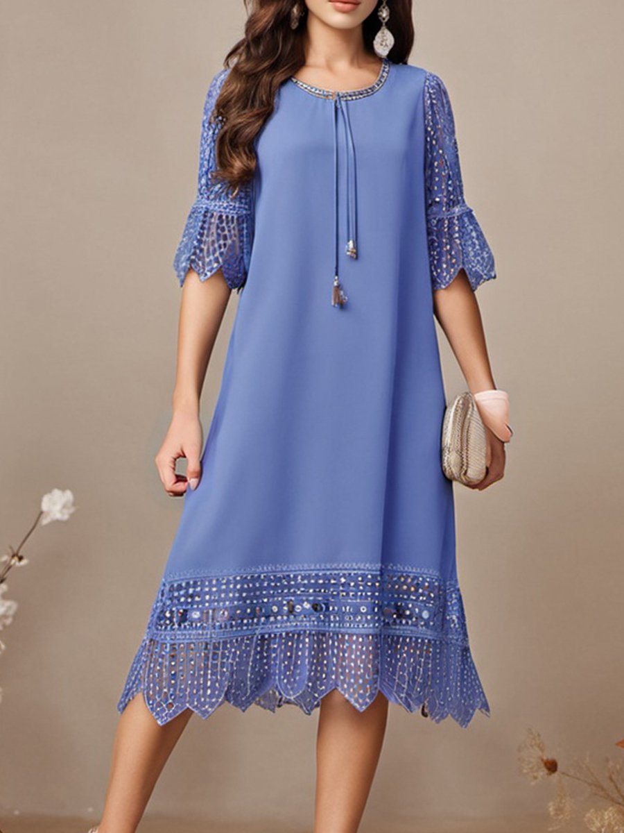 Elegant Lace Trim Patchwork Chiffon Dress