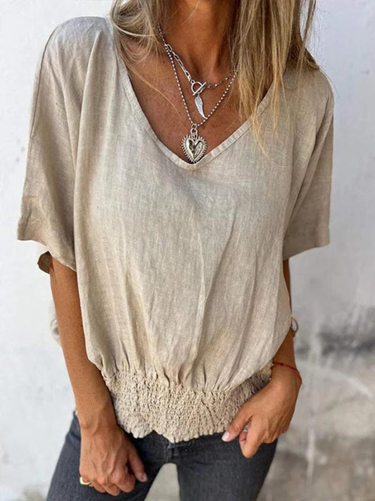 Loose V-neck Casual Cotton and Linen Top