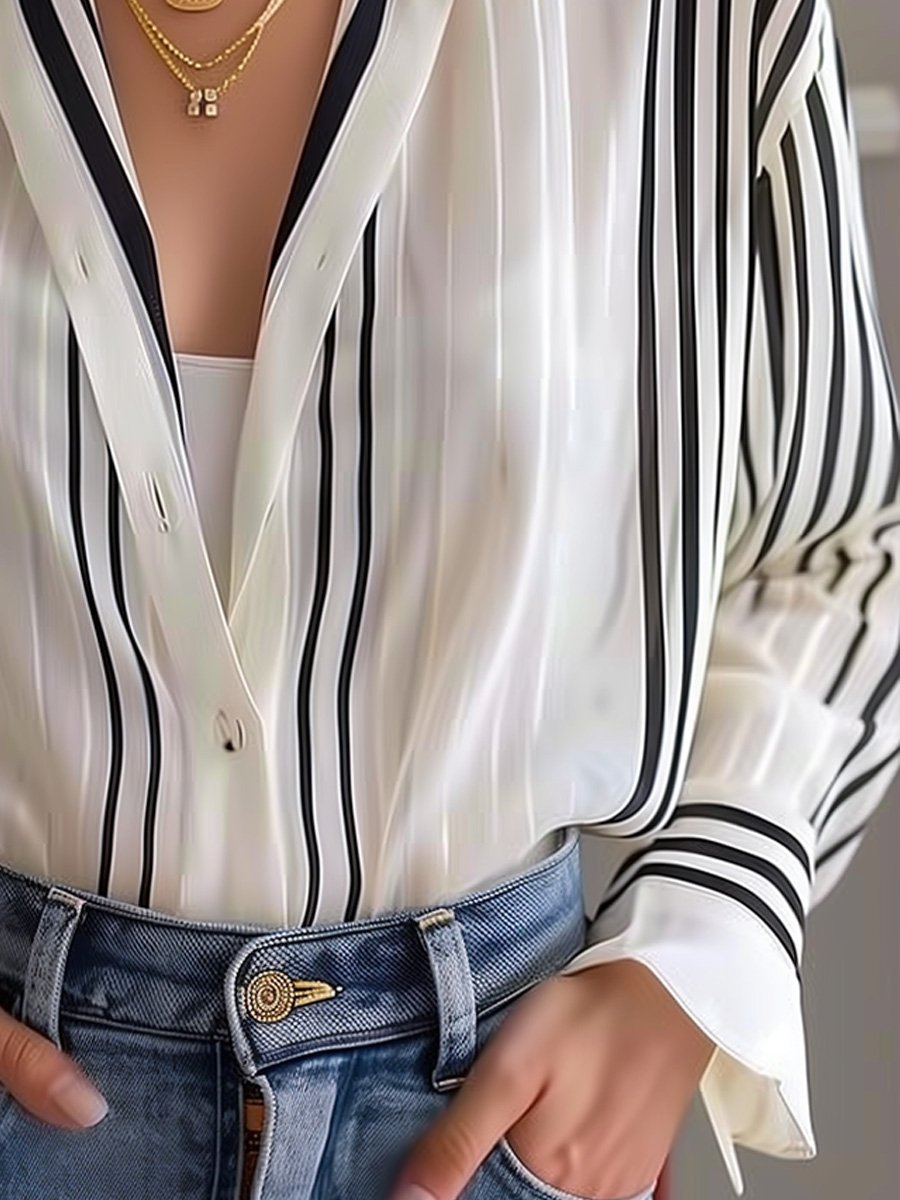 Striped Shirt Collar Urban Blouse