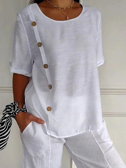 Cotton and Linen Round Neck Elbow Sleeve Button Top