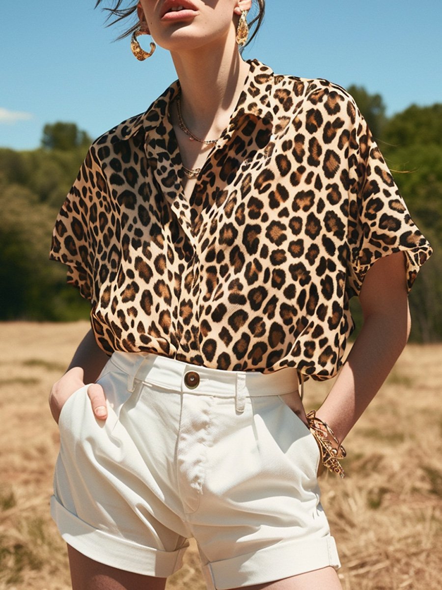 Casual Leopard Print Short Sleeve Shirt