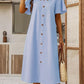 Cotton and Linen V-neck Decorative Round Button Short Sleeve Dress