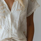 Cotton and Linen Embroidered V-Neck Short Sleeve Shirt