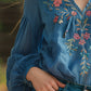 Cotton and Linen Embroidered V-Neck Long Sleeve Shirt