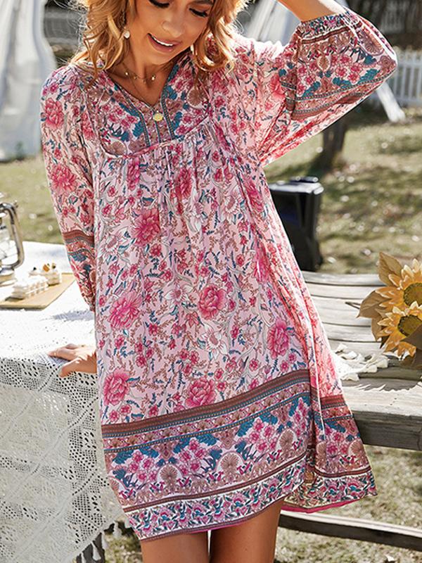 Bohemian Print Long-sleeved V-neck Tie Dress