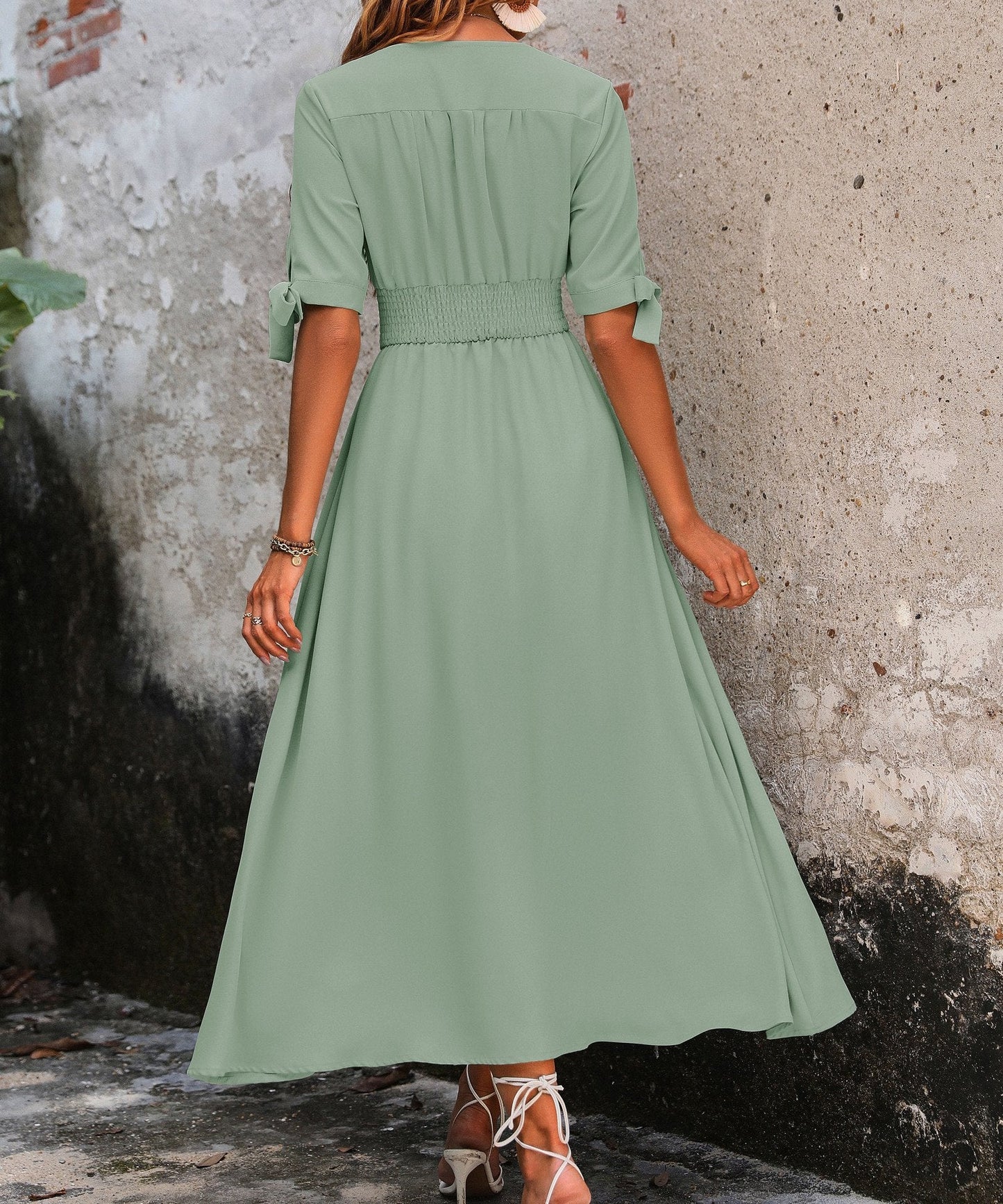 Elegant V-neck Solid Color Commuting Waist Long Dress 57985733