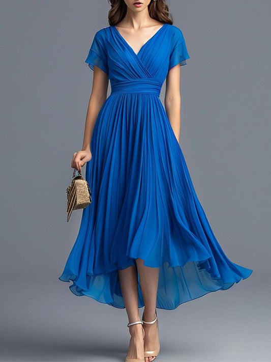 Elegant V-neck Short-sleeved Pleated Midi Dress