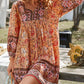 Bohemian Print Long-sleeved V-neck Tie Dress