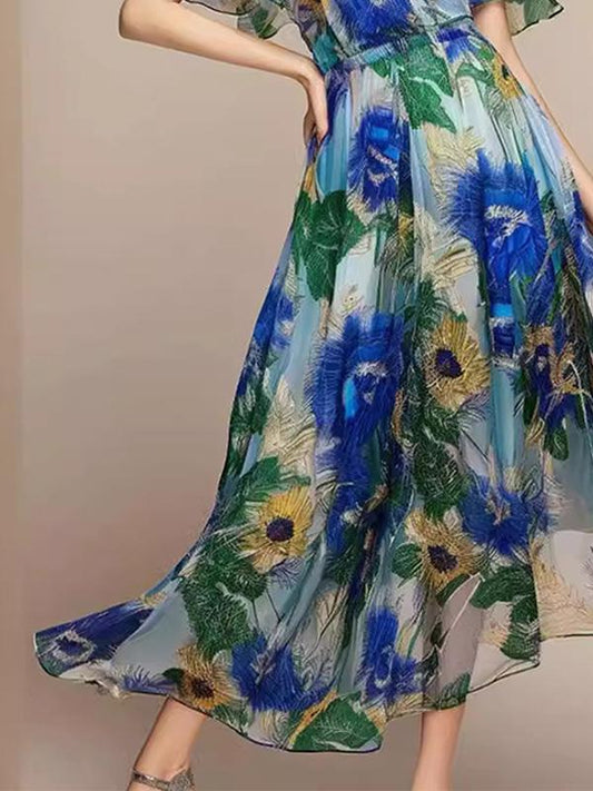 V-neck Ruffled Printed Maxi Dress