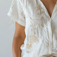 Cotton and Linen Embroidered V-Neck Short Sleeve Shirt