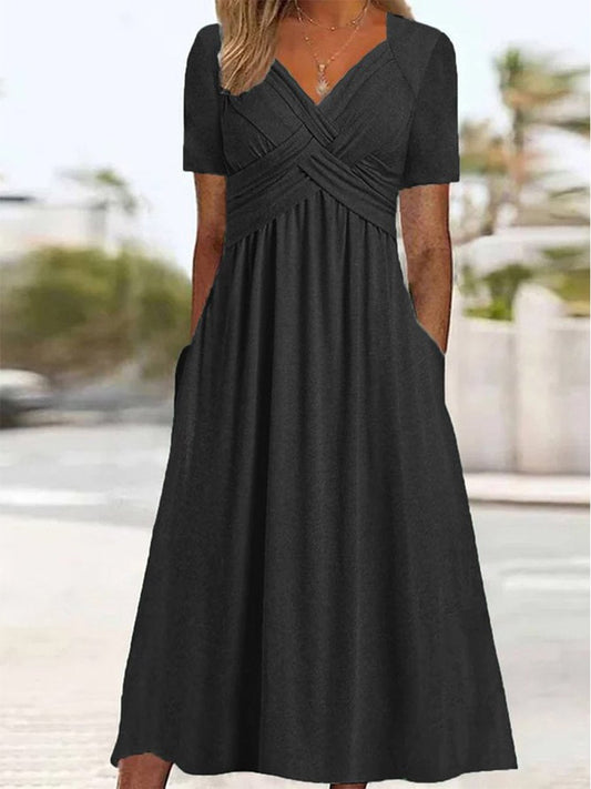 Women's Half Sleeve V-neck Solid Color Pockets Midi Dress