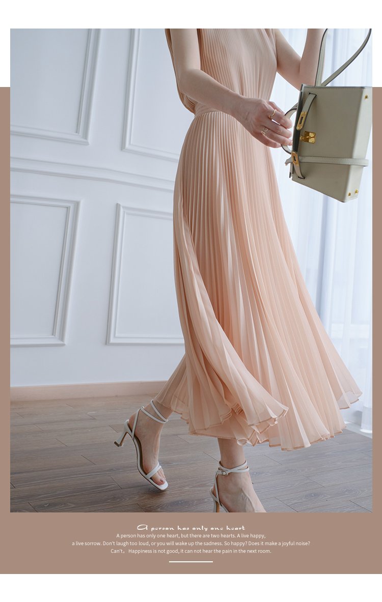 Gentle Pink Pleated Skirt High Waist Vest Dress