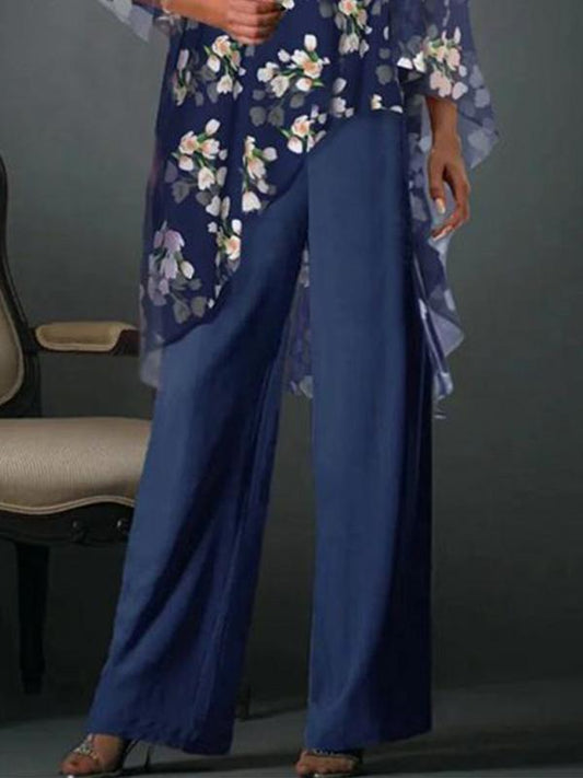 Printed Loose Chiffon Mid-sleeve Round Neck Casual Wide-leg Pants Suit