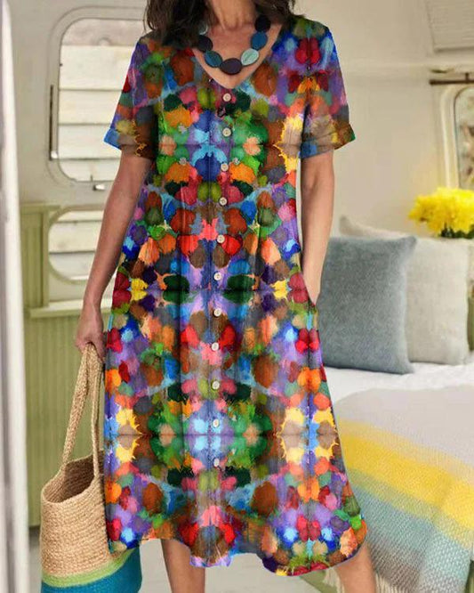 Women's Colorful Tie-dye Print Linen Pocket Tunic Dress