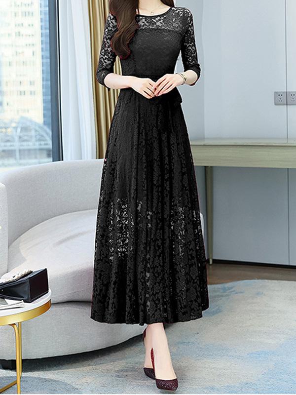 Lace Hollow Round Neck Three-quarter Sleeve Midi Skirt